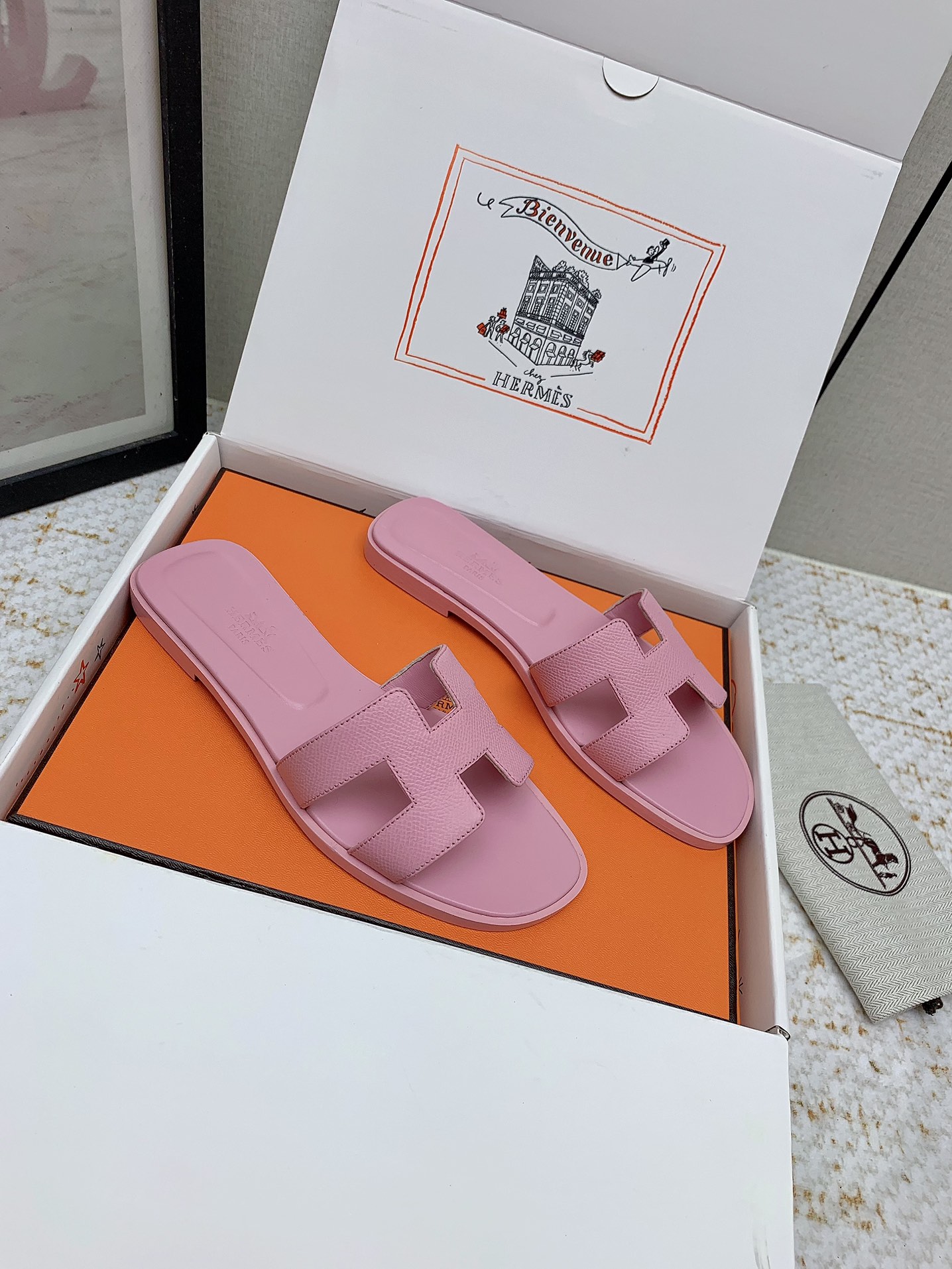 Hermès Oran Pink Leather Flat Sandals Slides Shoes, Women Size 35-42 1 i1750233114 486 4