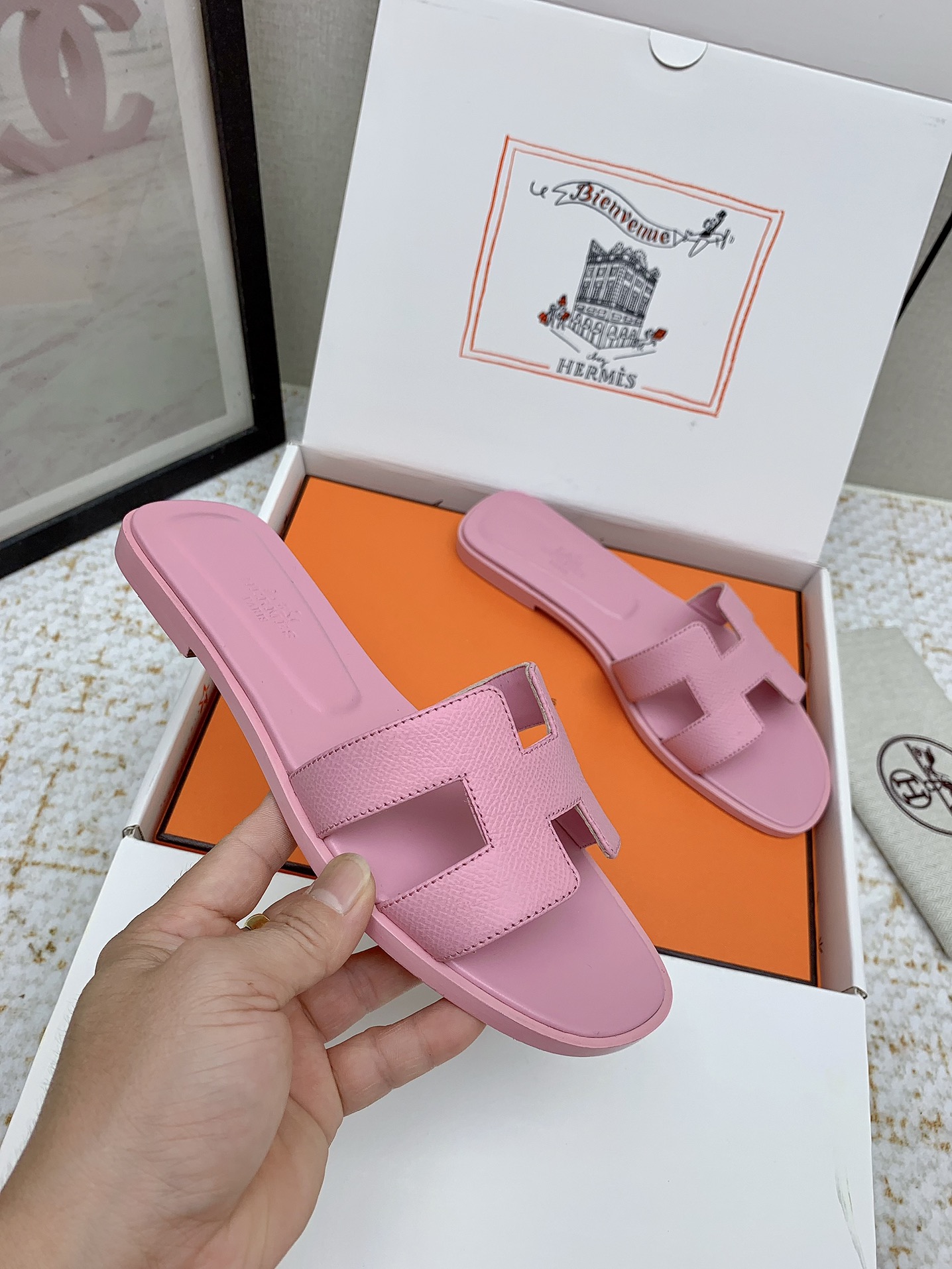 Hermès Oran Pink Leather Flat Sandals Slides Shoes, Women Size 35-42 5 i1750233114 5509 3