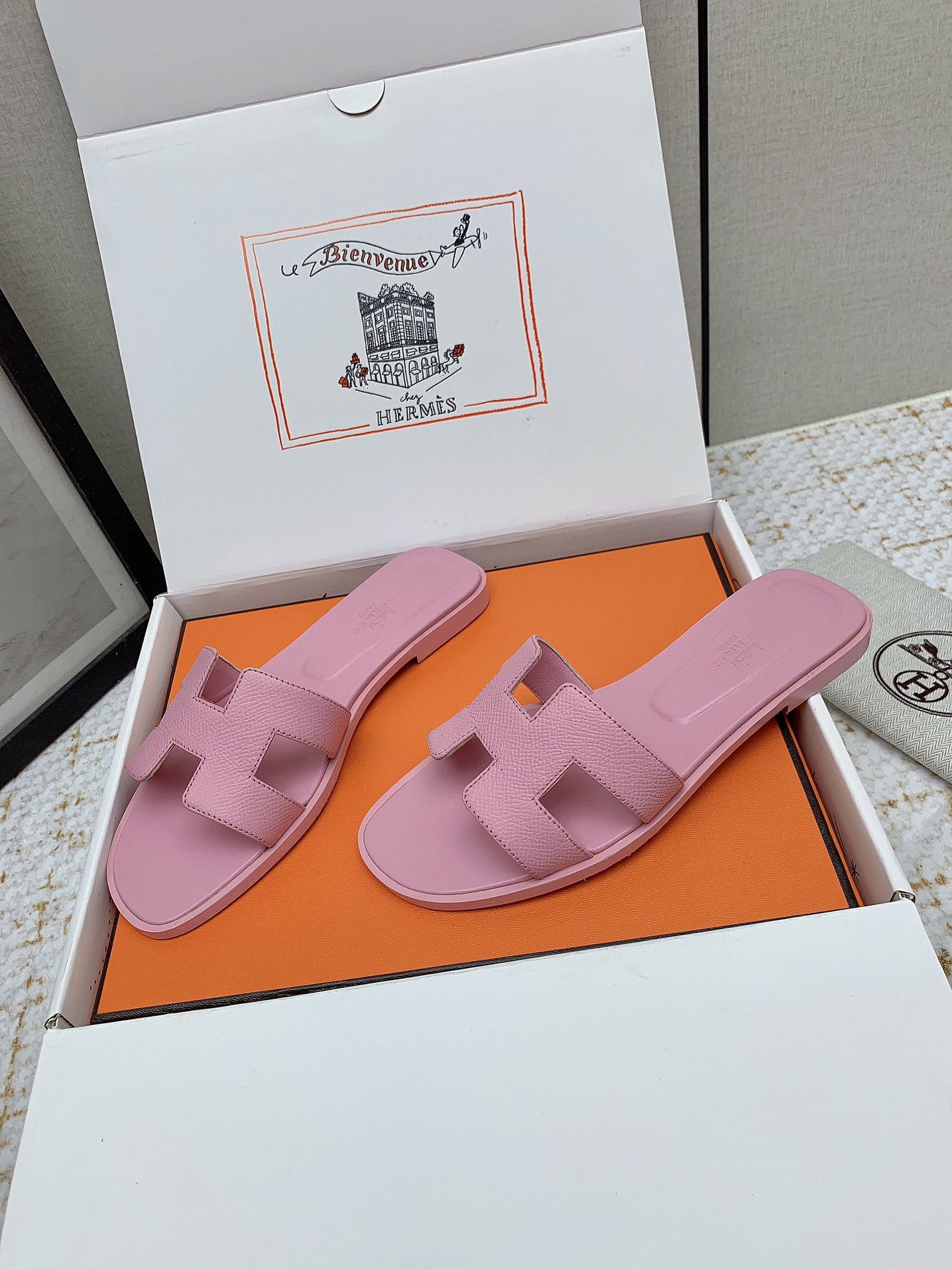 Hermès Oran Pink Leather Flat Sandals Slides Shoes, Women Size 35-42 3 i1750233114 7265 1