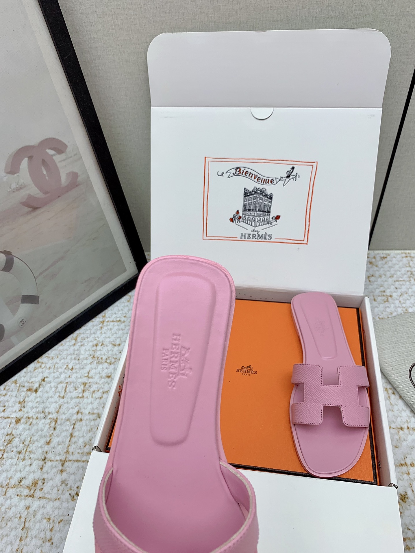 Hermès Oran Pink Leather Flat Sandals Slides Shoes, Women Size 35-42 6 i1750233114 7408 0