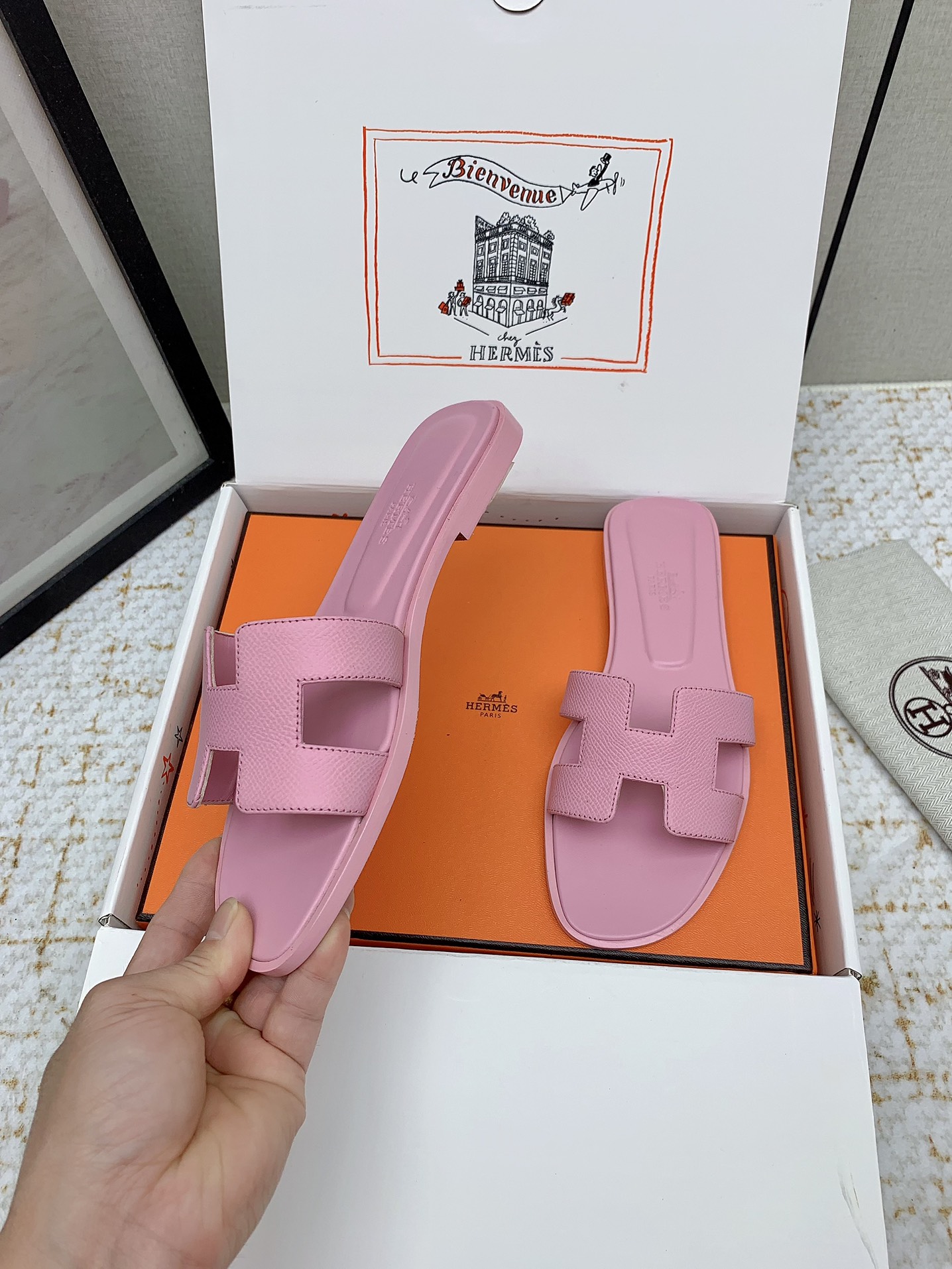 Hermès Oran Pink Leather Flat Sandals Slides Shoes, Women Size 35-42 4 i1750233115 2932 8
