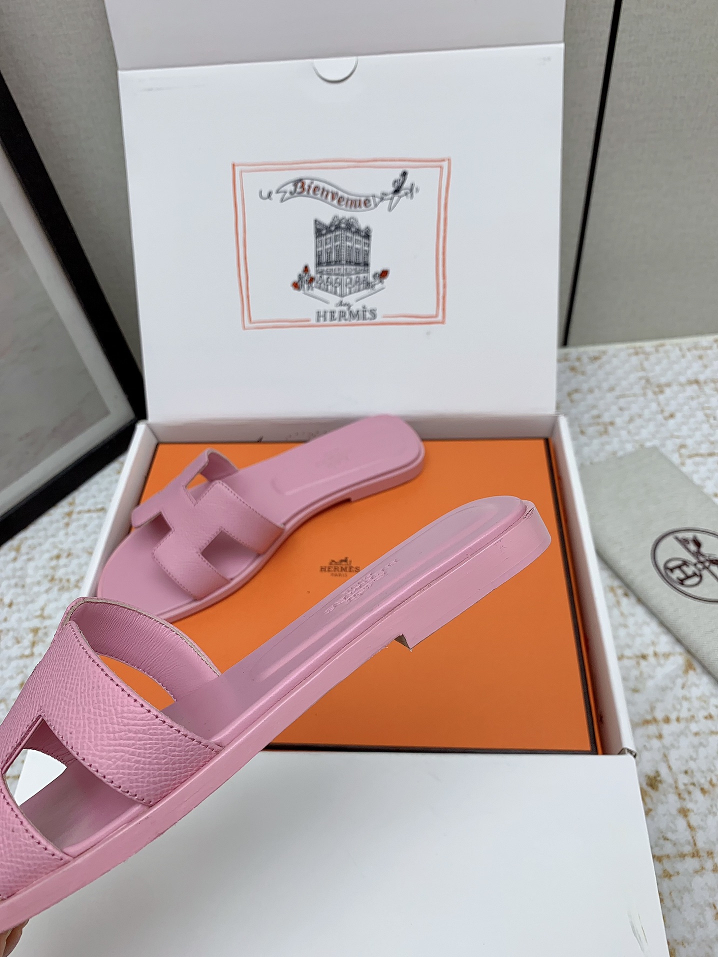 Hermès Oran Pink Leather Flat Sandals Slides Shoes, Women Size 35-42 8 i1750233115 4469 6