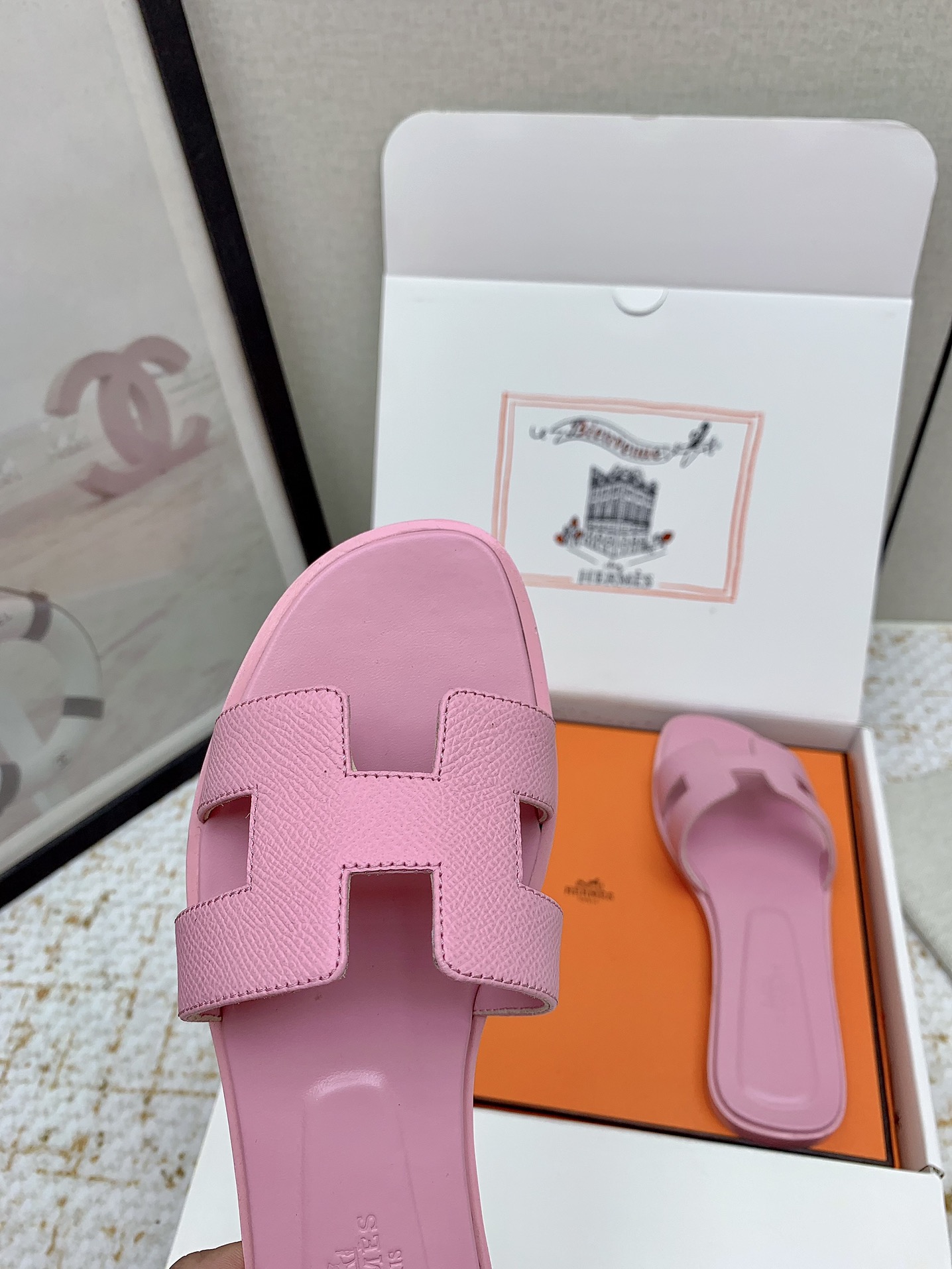 Hermès Oran Pink Leather Flat Sandals Slides Shoes, Women Size 35-42 9 i1750233115 4874 7
