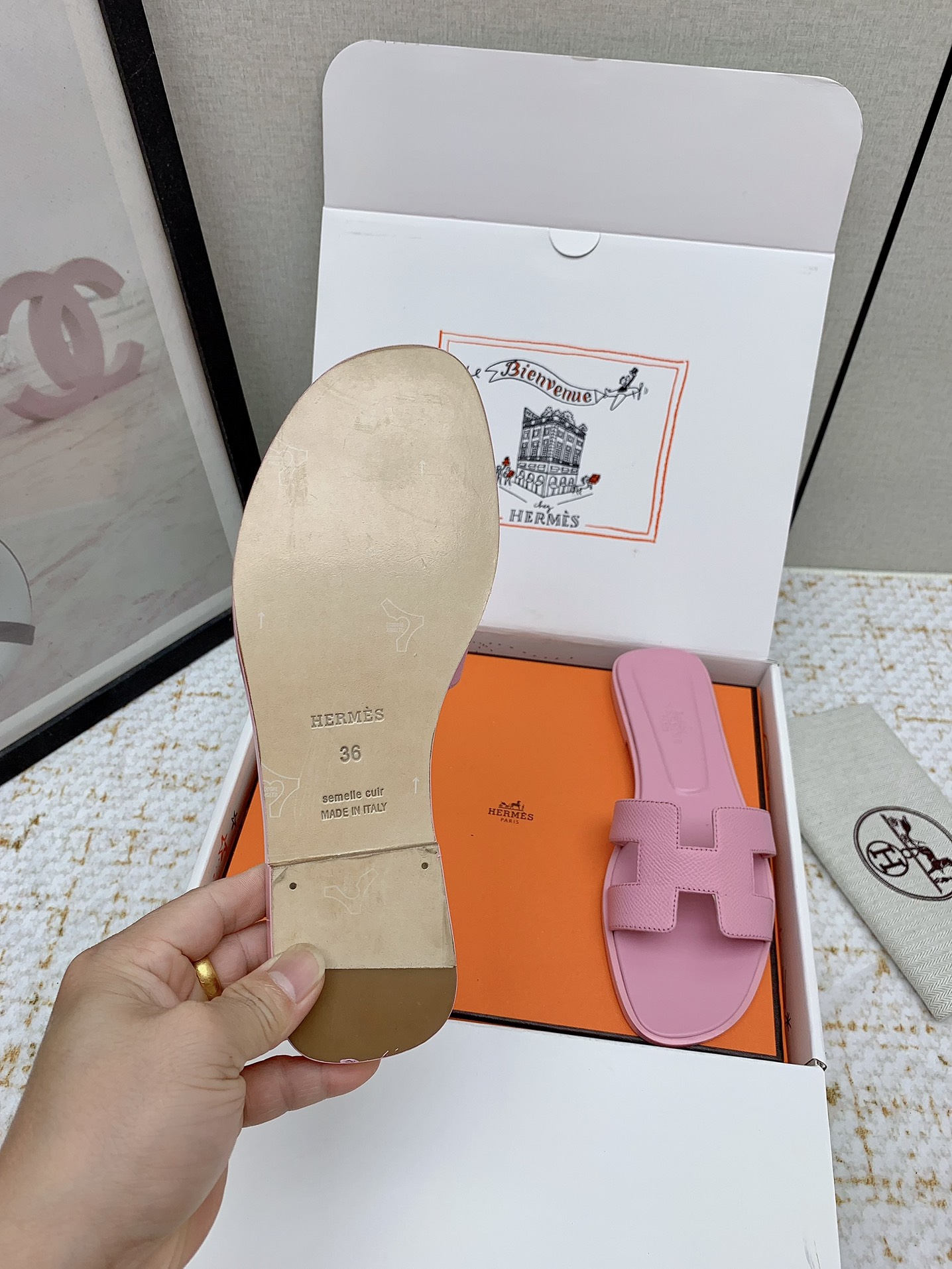 Hermès Oran Pink Leather Flat Sandals Slides Shoes, Women Size 35-42 7 i1750233115 8708 5