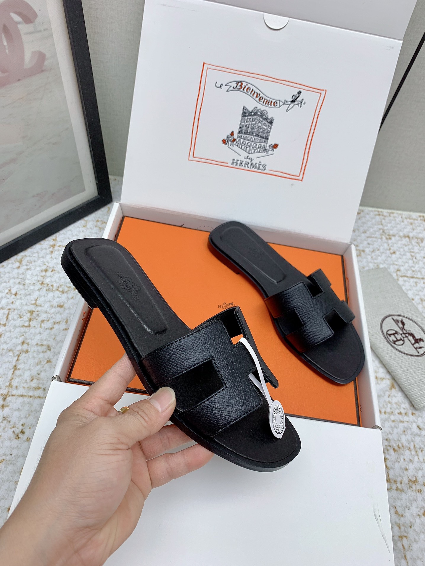 Hermès Oran Black Leather Sandals Iconic Slides - Sizes 35 to 42 Available 6 i1750233161 2120 8