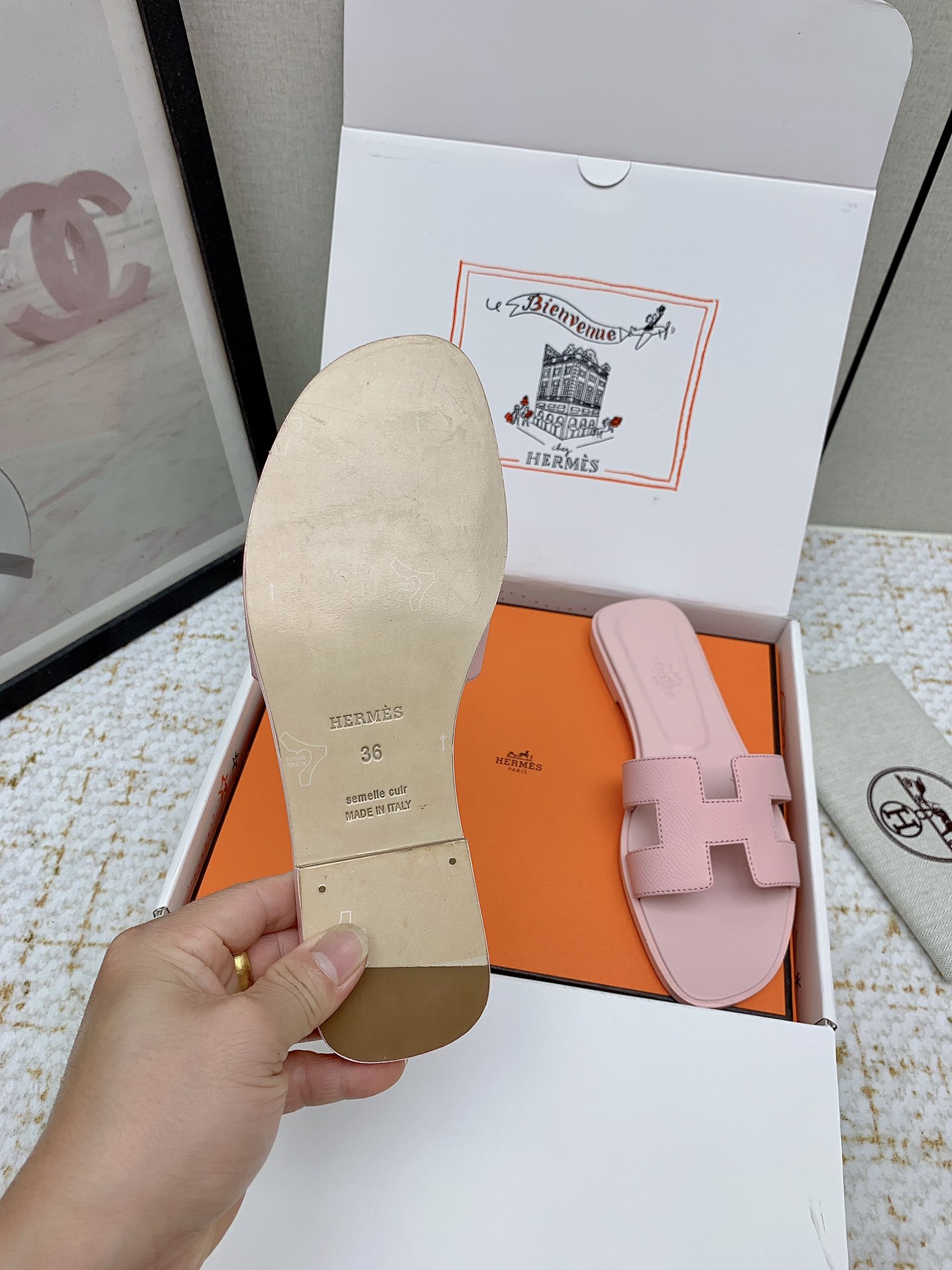 Hermès Oran Pink Leather Flat Sandals Slides, Comfortable & Stylish 8 i1750233196 4187 1