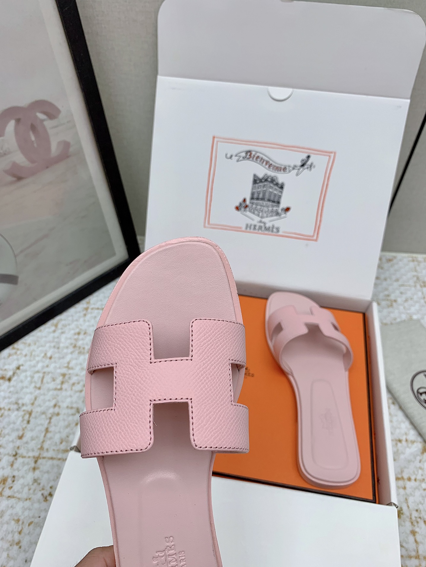 Hermès Oran Pink Leather Flat Sandals Slides, Comfortable & Stylish 10 i1750233196 8806 8