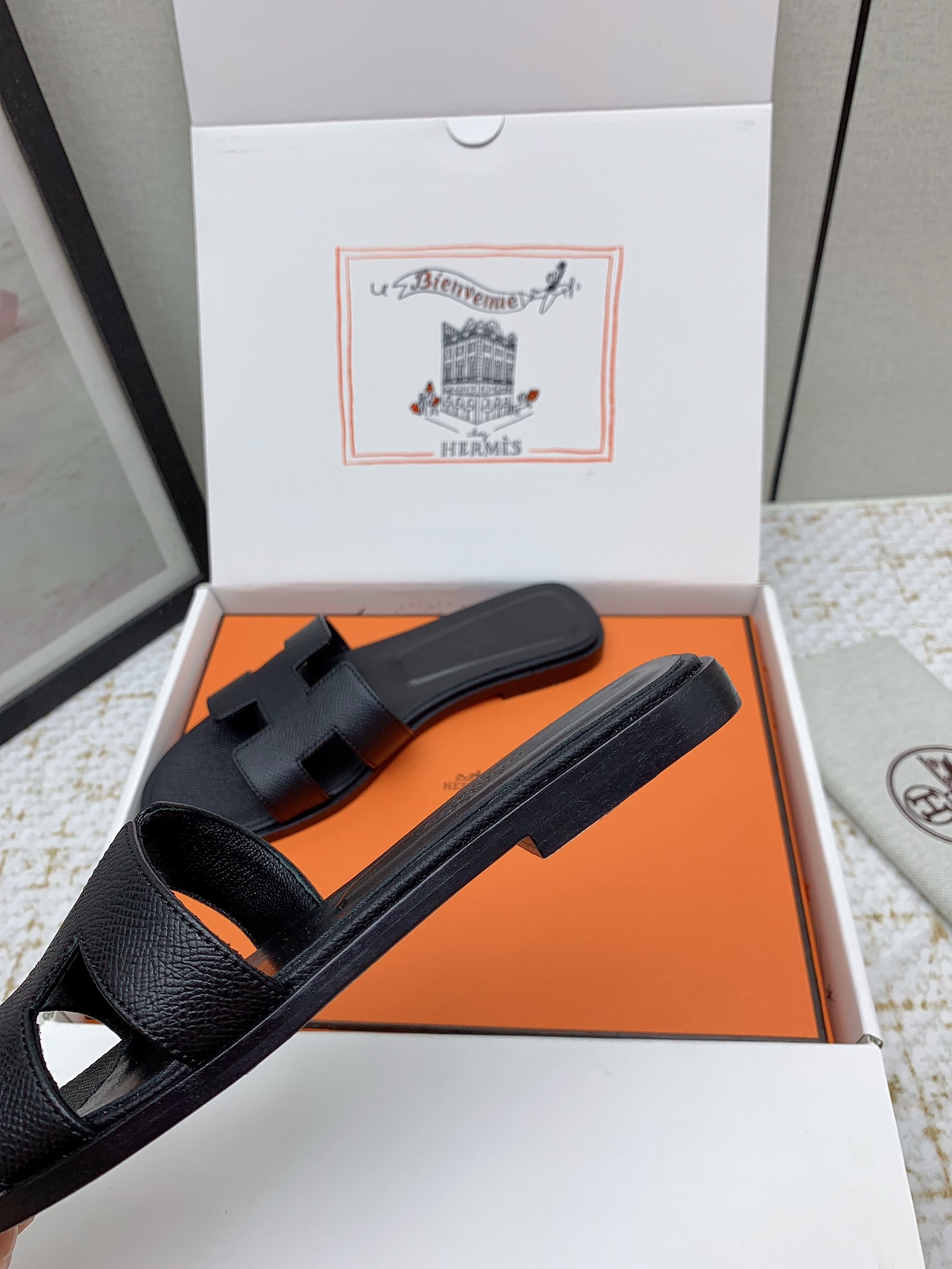 Hermès Oran Black Leather Sandals Slides, Available in Multiple Sizes 8 i1750233282 1028 0