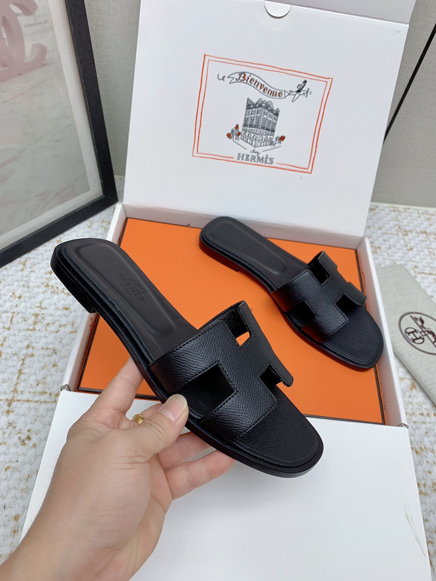 Hermès Oran Black Leather Sandals Slides, Available in Multiple Sizes 5 i1750233282 16 1