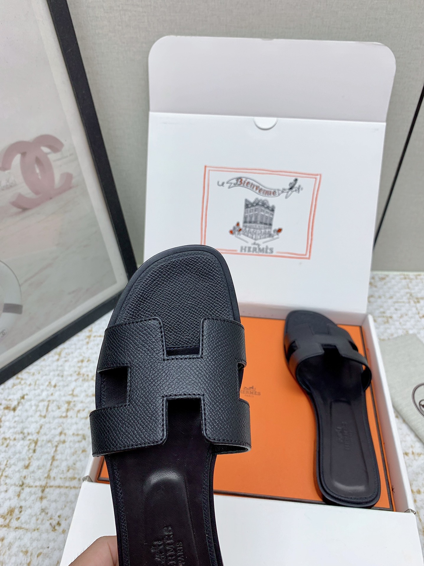 Hermès Oran Black Leather Sandals Slides, Available in Multiple Sizes 9 i1750233283 426 4
