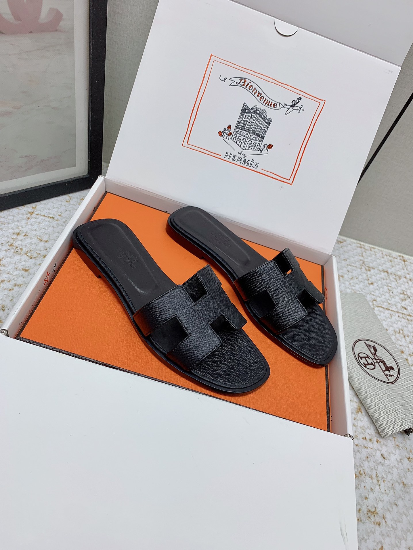 Hermès Oran Black Leather Sandals Slides, Available in Multiple Sizes 1 i1750233283 7111 7