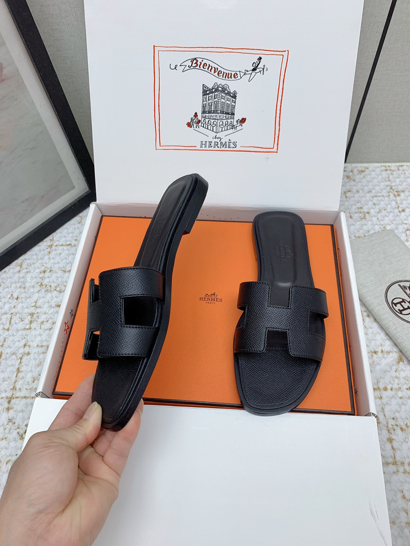 Hermès Oran Black Leather Sandals Slides, Available in Multiple Sizes 4 i1750233283 875 5