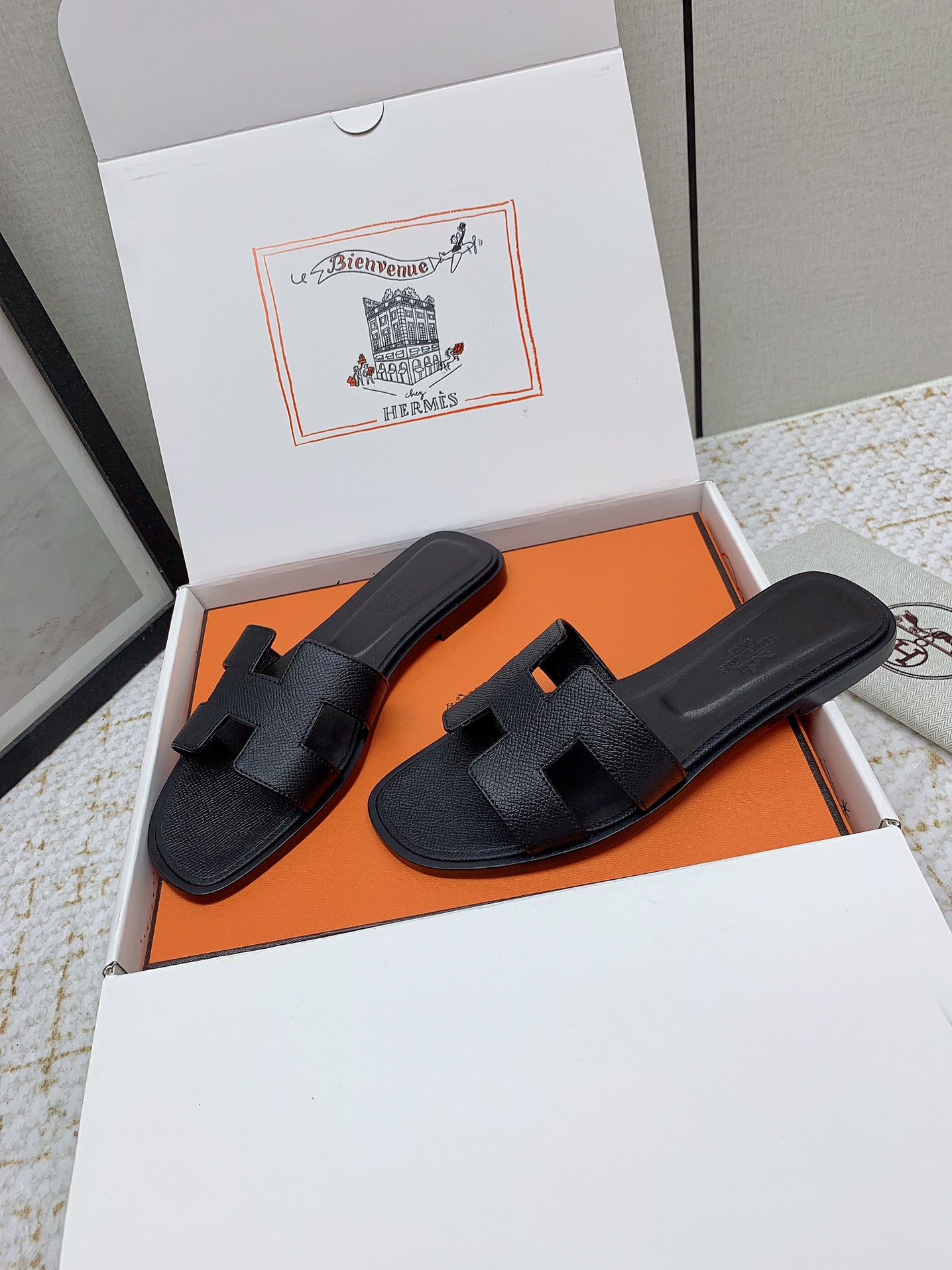 Hermès Oran Black Leather Sandals Slides, Available in Multiple Sizes 3 i1750233283 8801 6