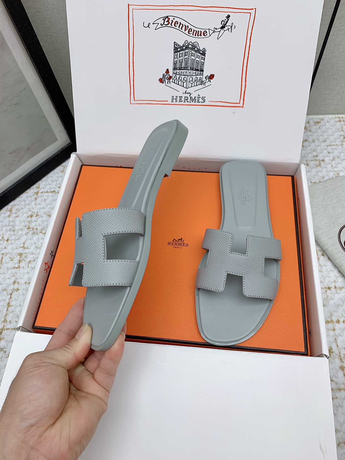 Hermès Oran Sandal, Gray Leather Slides for Women, Sizes 35-42 Available 4 i1750233341 3472 5