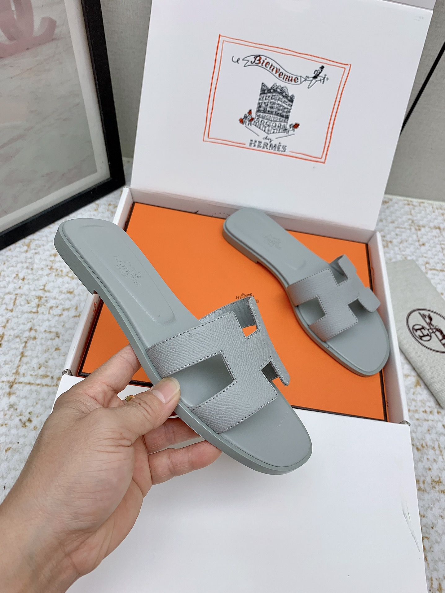 Hermès Oran Sandal, Gray Leather Slides for Women, Sizes 35-42 Available 5 i1750233341 9396 2