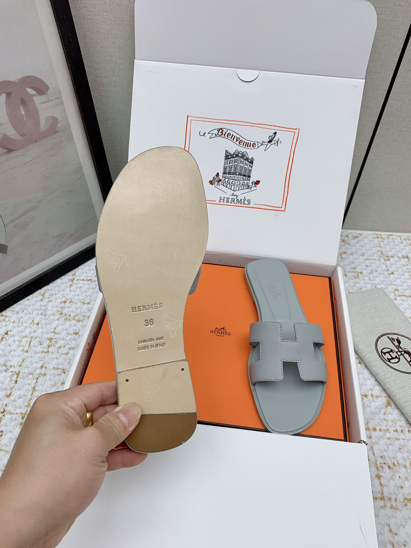 Hermès Oran Sandal, Gray Leather Slides for Women, Sizes 35-42 Available 7 i1750233341 9784 8