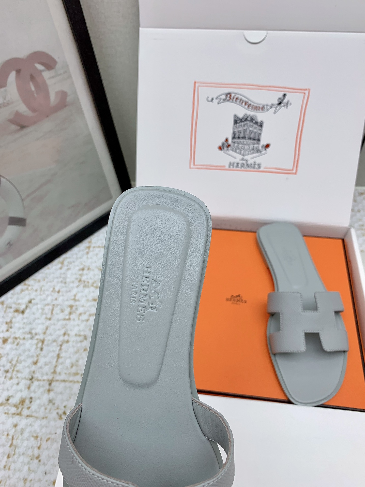 Hermès Oran Sandal, Gray Leather Slides for Women, Sizes 35-42 Available 6 i1750233341 9954 6