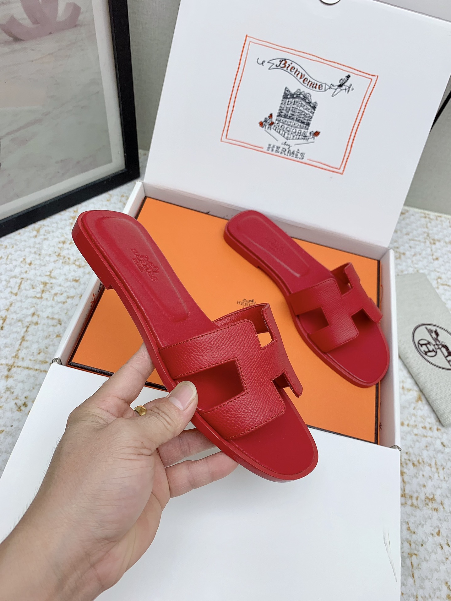 Hermes Oran Red Leather Women's Sandals Slides Designer Summer Shoes 6 i1750233398 2382 6