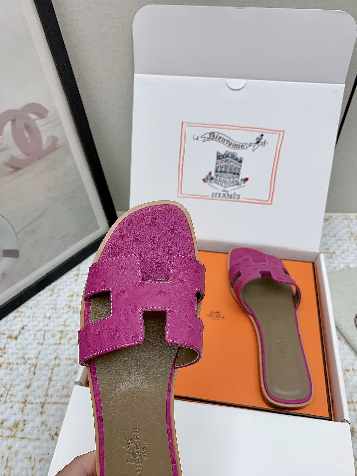 Hermès Oran Sandal Slides in Fuchsia Ostrich Leather, Sizes 35-42 Available 10 i1750233829 3088 5