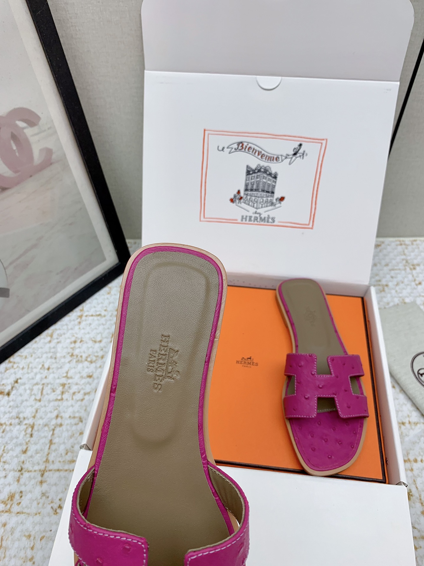 Hermès Oran Sandal Slides in Fuchsia Ostrich Leather, Sizes 35-42 Available 7 i1750233829 5173 0