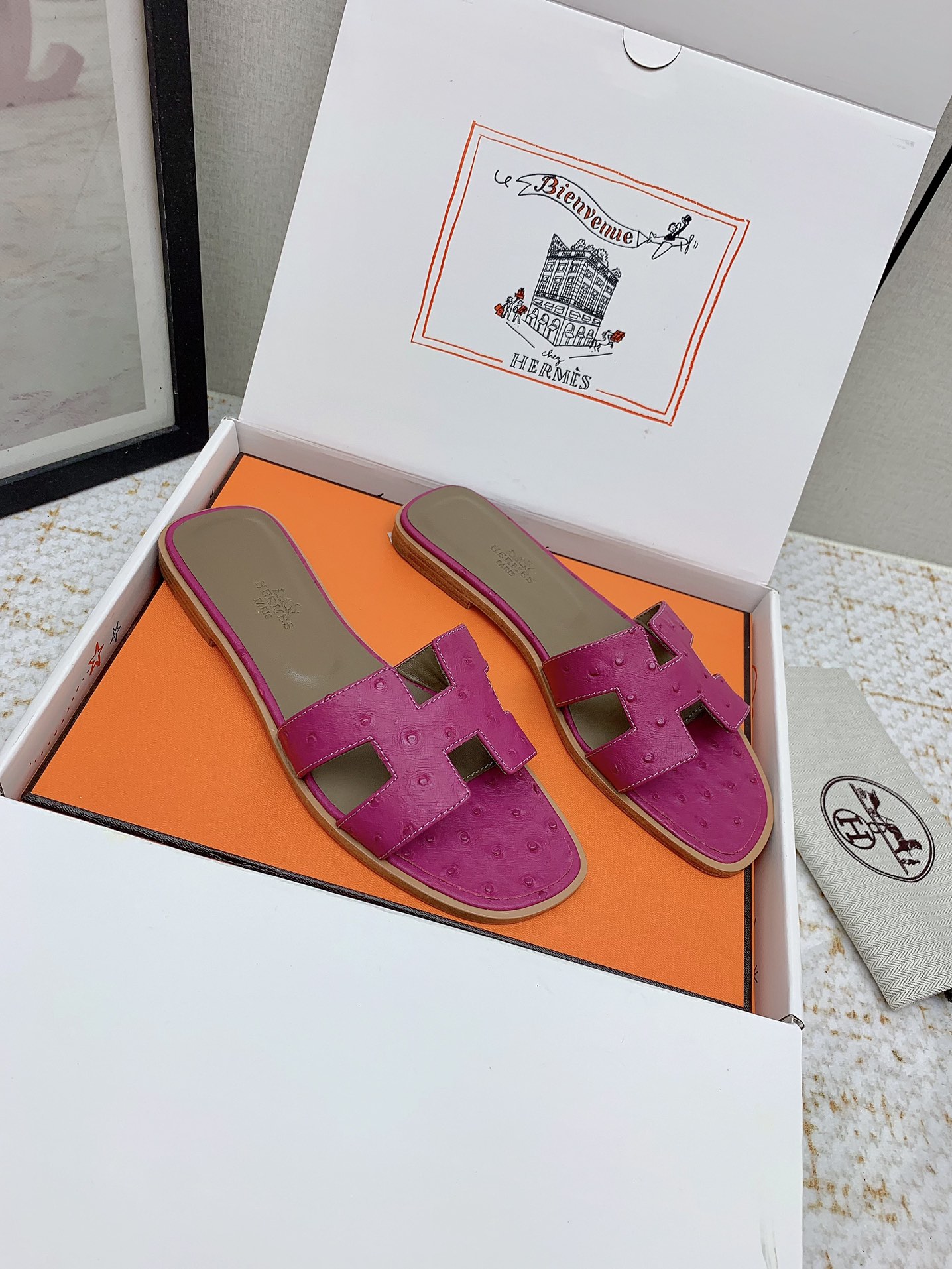 Hermès Oran Sandal Slides in Fuchsia Ostrich Leather, Sizes 35-42 Available 2 i1750233829 8839 2