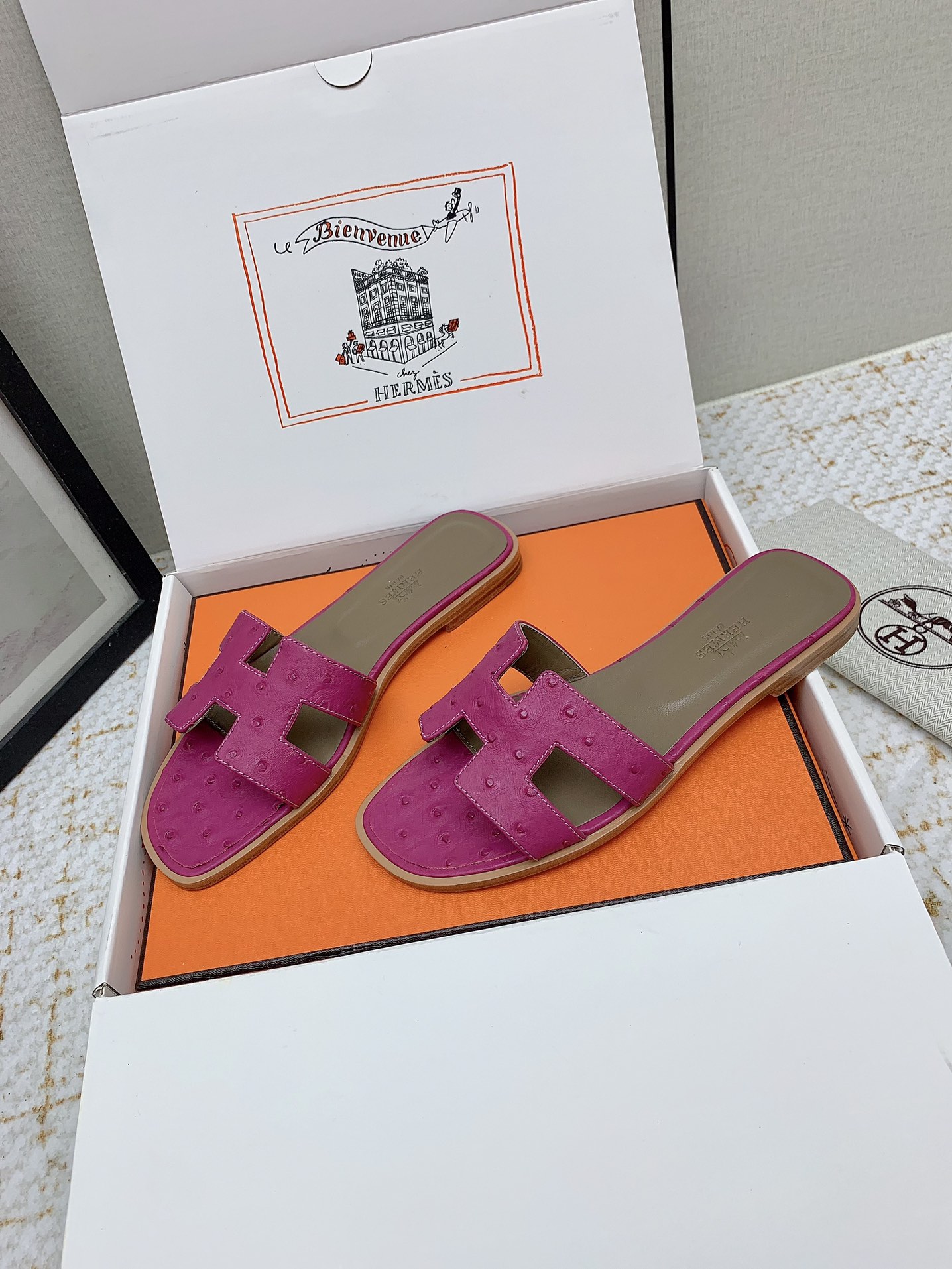 Hermès Oran Sandal Slides in Fuchsia Ostrich Leather, Sizes 35-42 Available 4 i1750233829 905 1