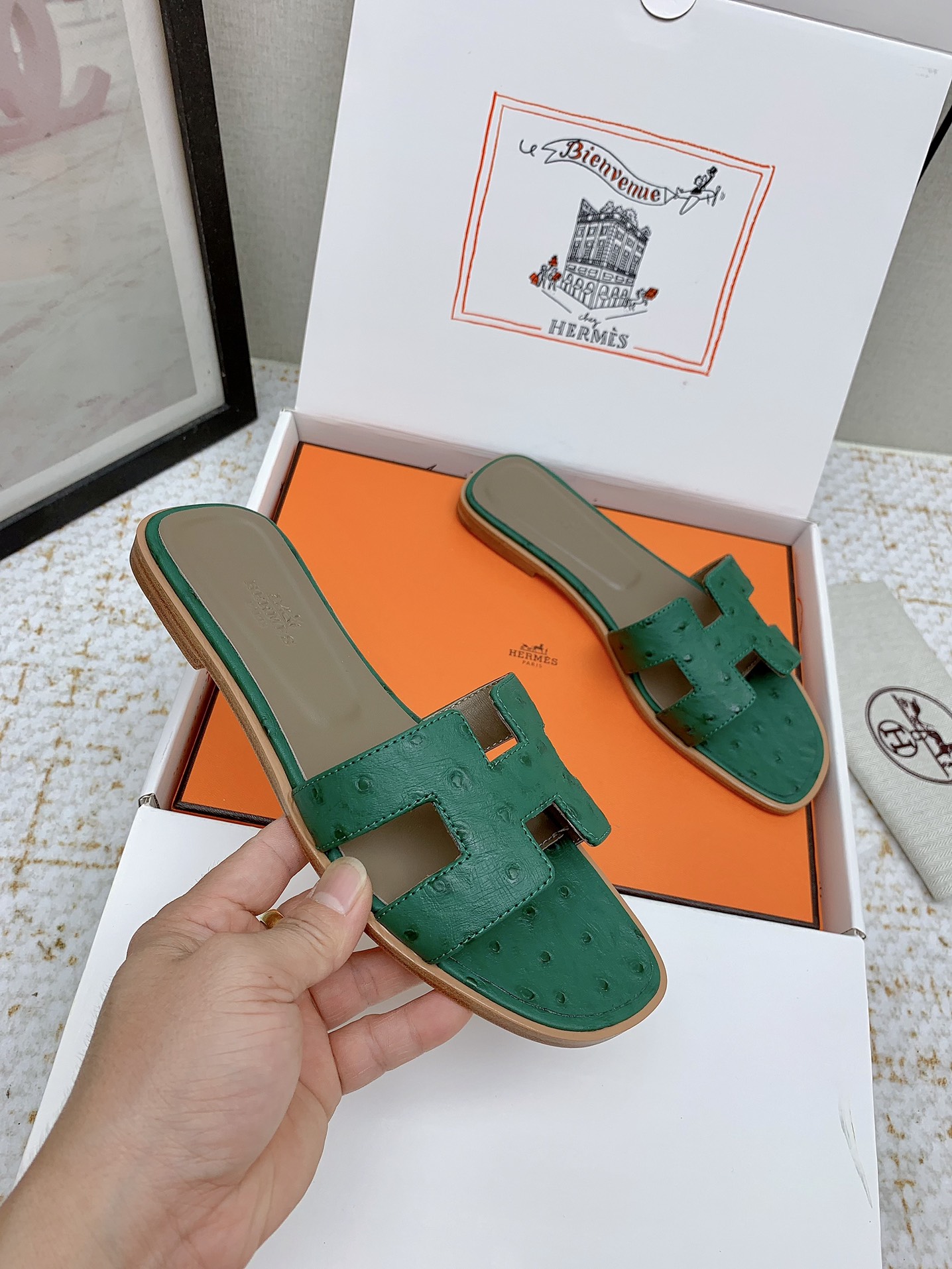 Hermes Oran Green Ostrich Leather Flat Sandals Slides Shoes 5 i1750233930 1258 6