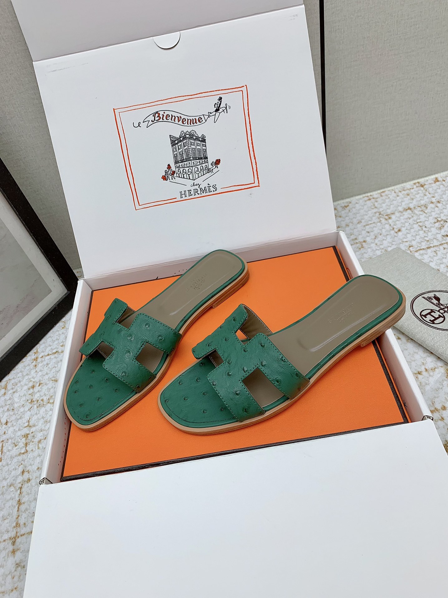 Hermes Oran Green Ostrich Leather Flat Sandals Slides Shoes 3 i1750233930 4568 5