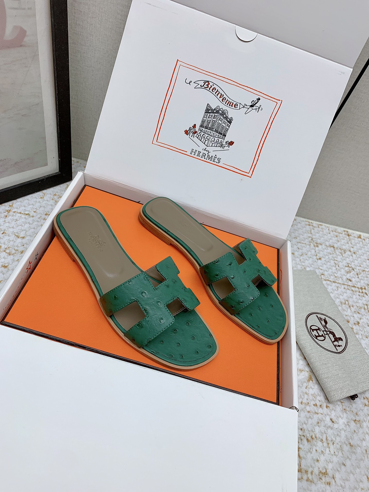 Hermes Oran Green Ostrich Leather Flat Sandals Slides Shoes 1 i1750233930 8242 1