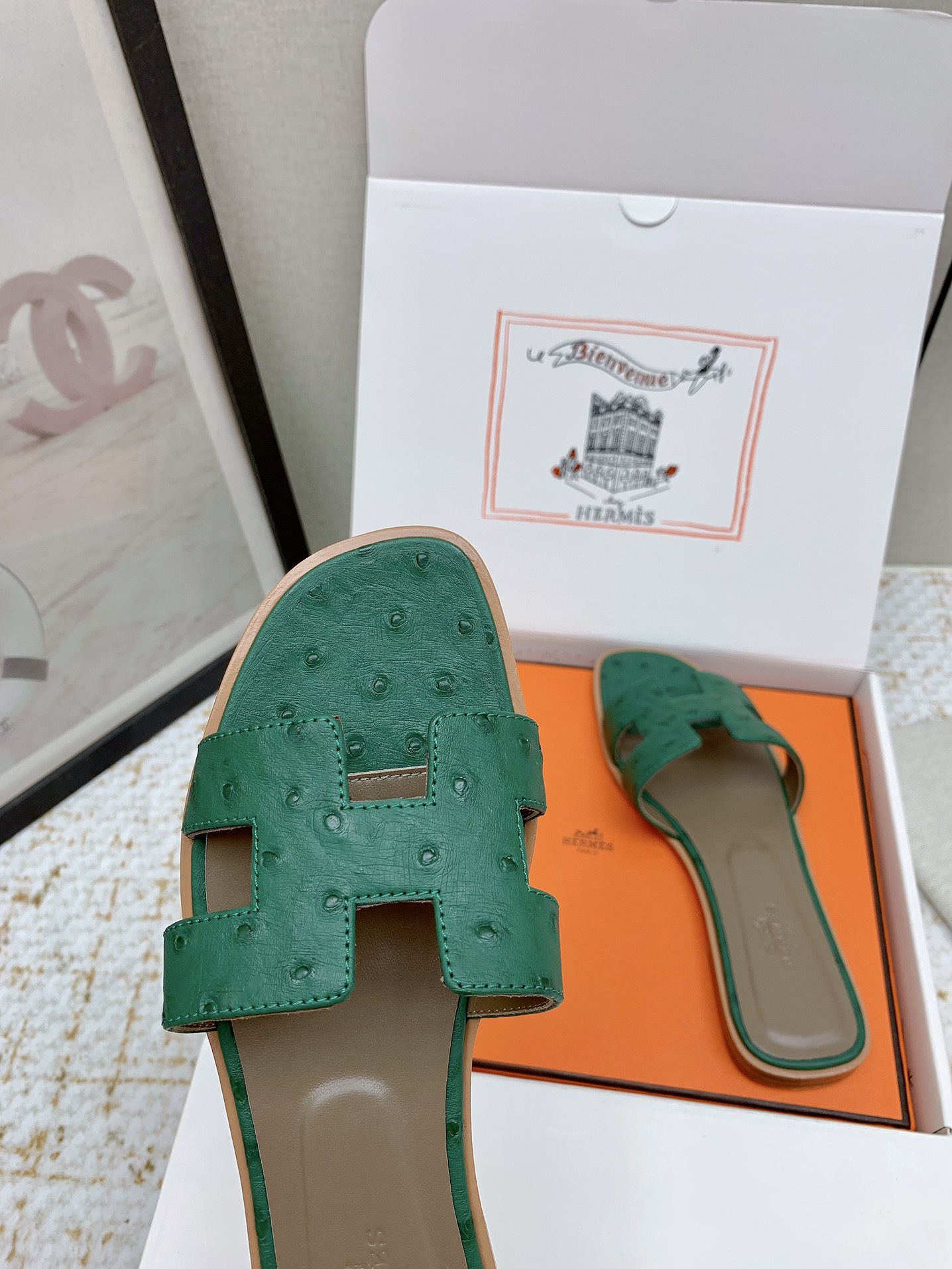 Hermes Oran Green Ostrich Leather Flat Sandals Slides Shoes 9 i1750233930 9824 4