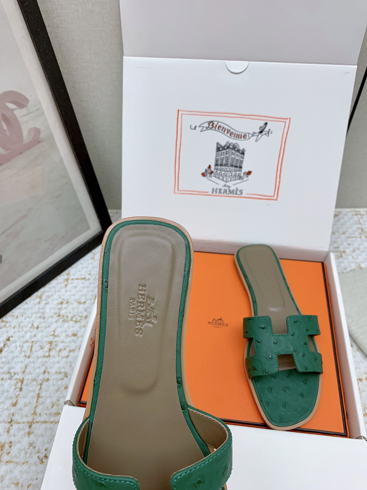Hermes Oran Green Ostrich Leather Flat Sandals Slides Shoes 6 i1750233931 3037 8