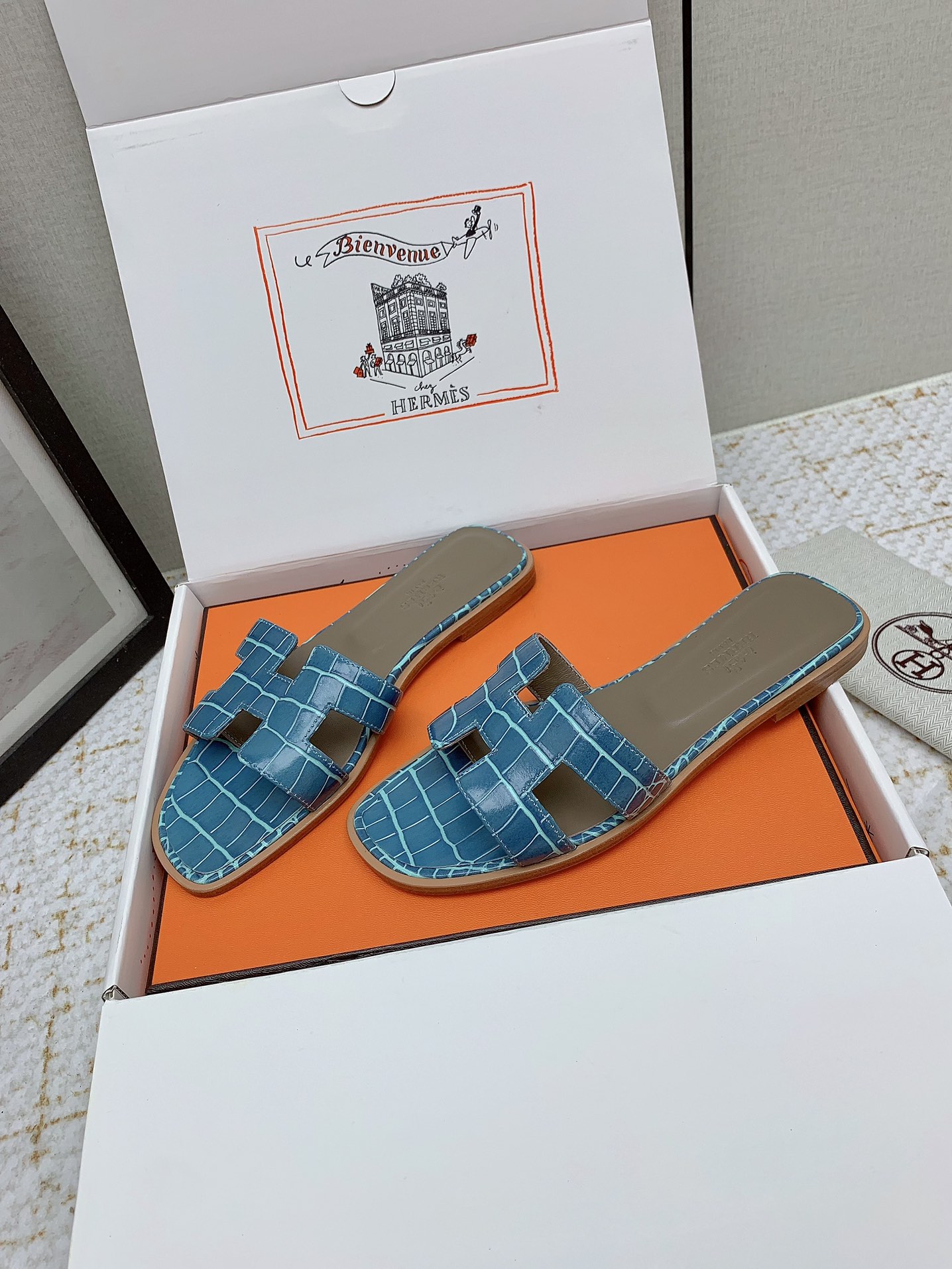 Hermès Oran Blue Crocodile Embossed Leather Women's Sandals Slides Shoes 4 i1750234237 4249 1