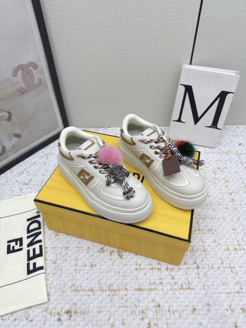 Fendi Match Leather Sneakers with Fur Pom-Pom Charm, White/Beige, Women's 1 Fendi Match Leather Sneakers with Fur Pom-Pom Charm, White/Beige, Women's
