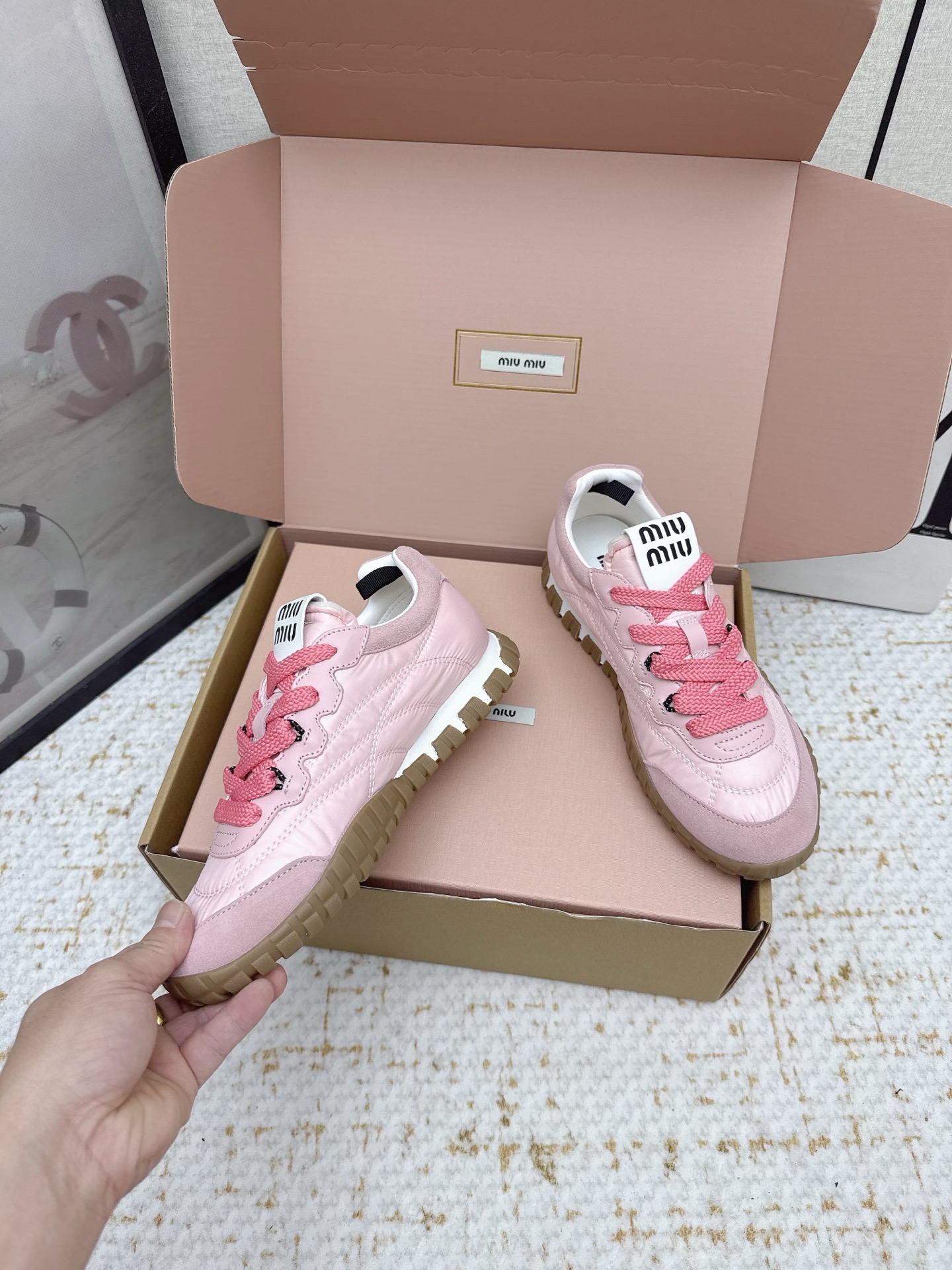 Miu Miu 25SS Spring/Summer Collection Pink Leather Trim Casual Sneakers 5 i1756190649562 9870 0 3