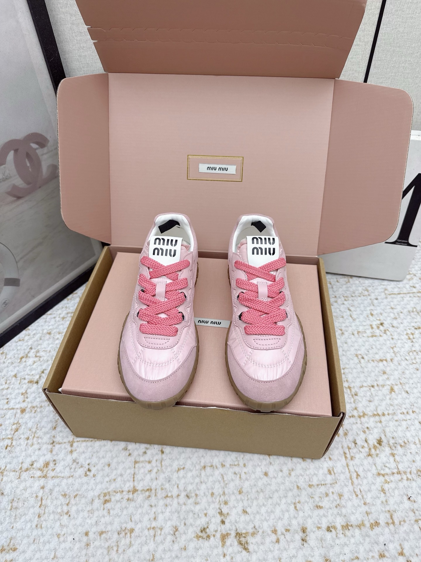 Miu Miu 25SS Spring/Summer Collection Pink Leather Trim Casual Sneakers 3 i1756190649630 5619 0 1