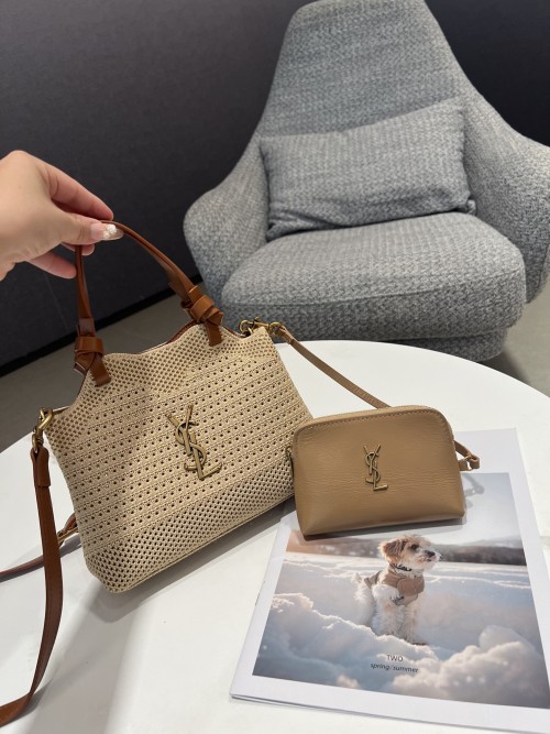 Yves Saint Laurent Raffia Crochet Tote Bag with Leather Trim and Card Holder 1 Yves Saint Laurent Raffia Crochet Tote Bag with Leather Trim and Card Holder