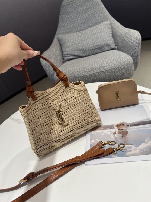 Yves Saint Laurent Raffia Crochet Tote Bag with Leather Trim and Card Case 1 Yves Saint Laurent Raffia Crochet Tote Bag with Leather Trim and Card Case