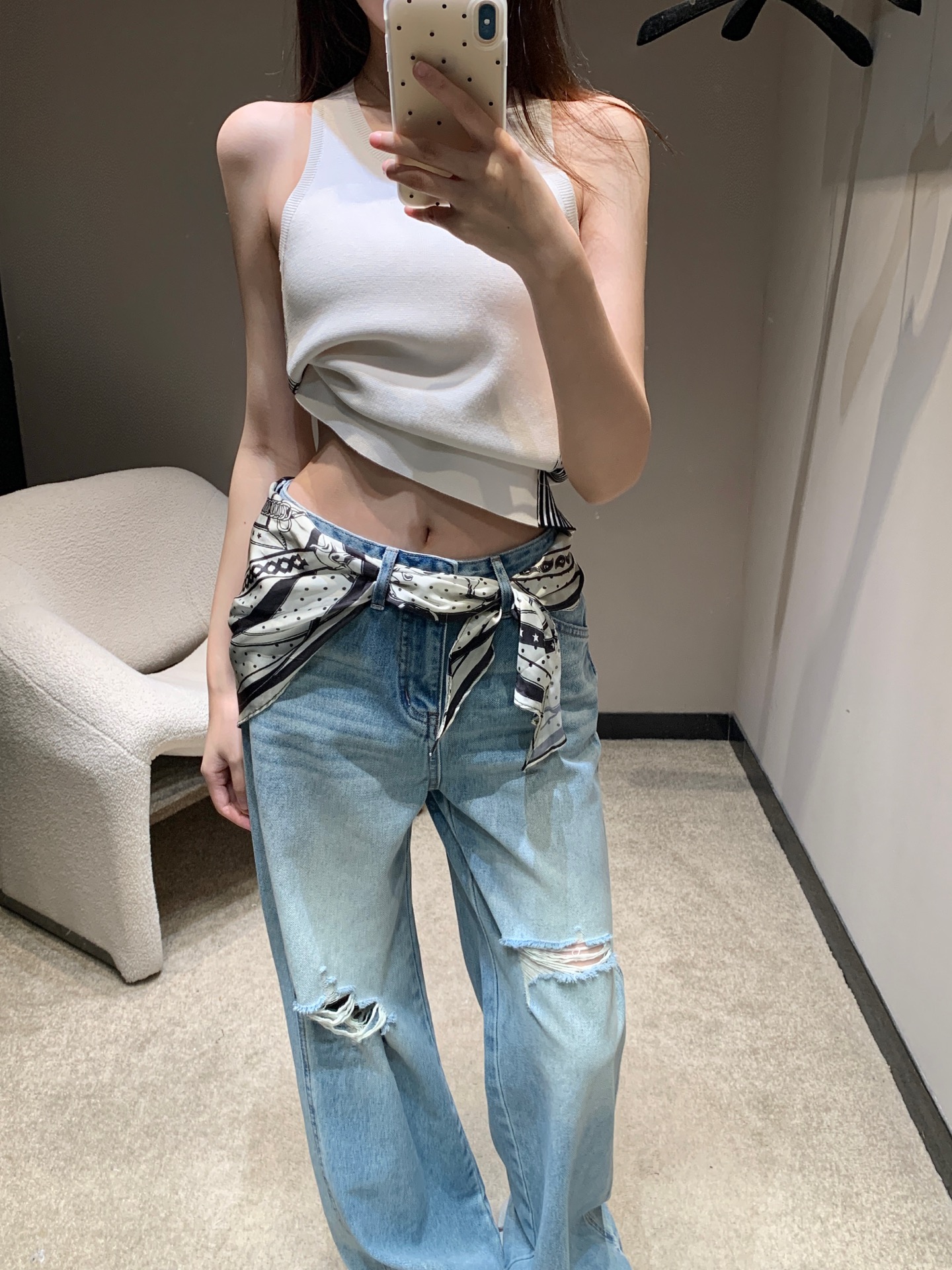 Hermes Denim Jeans with Silk Scarf Detail - Ripped, High-Waisted, Wide Leg 5 i1742460553814 6780 0 3