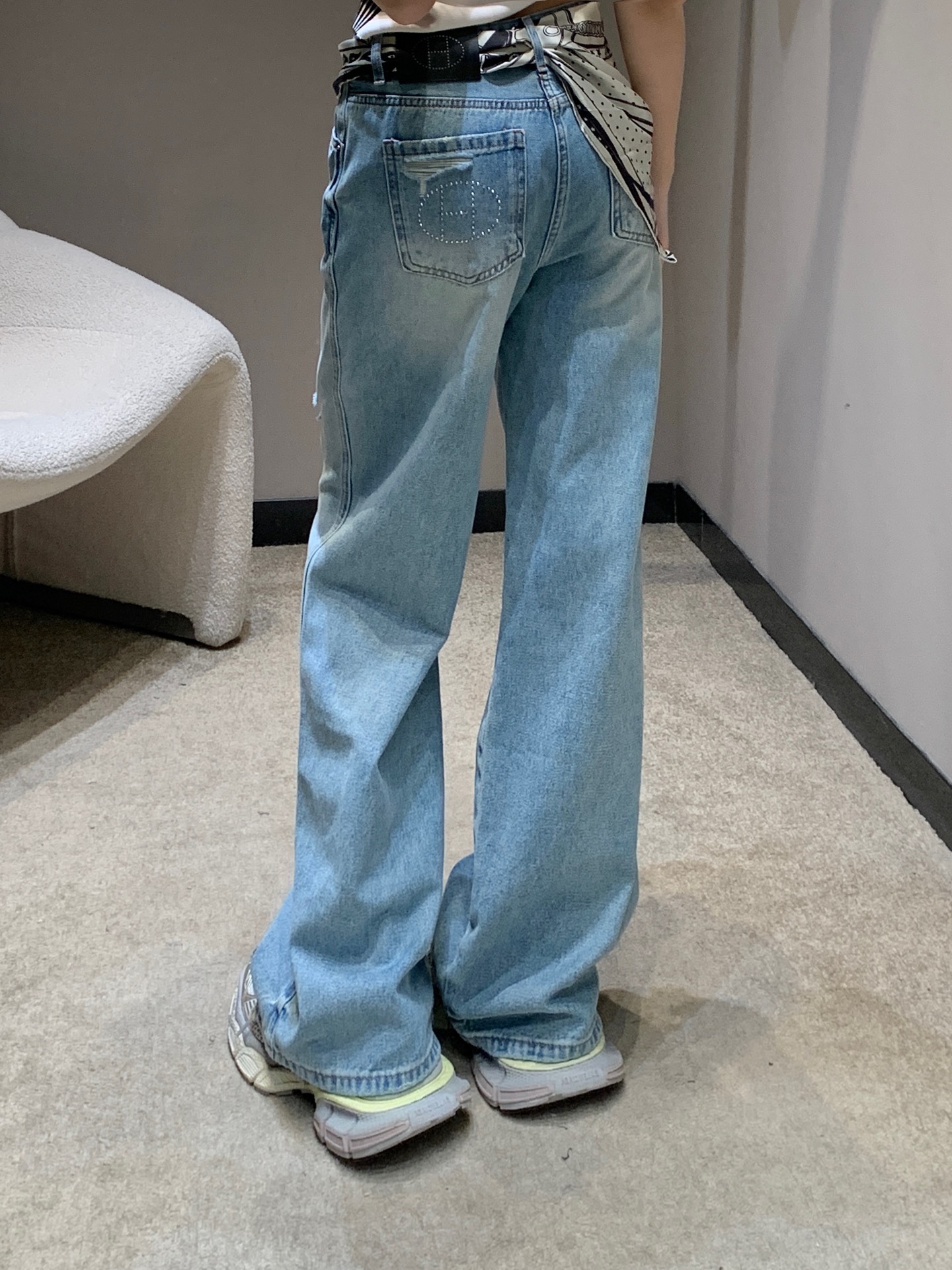 Hermes Denim Jeans with Silk Scarf Detail - Ripped, High-Waisted, Wide Leg 9 i1742460554072 8991 0 7
