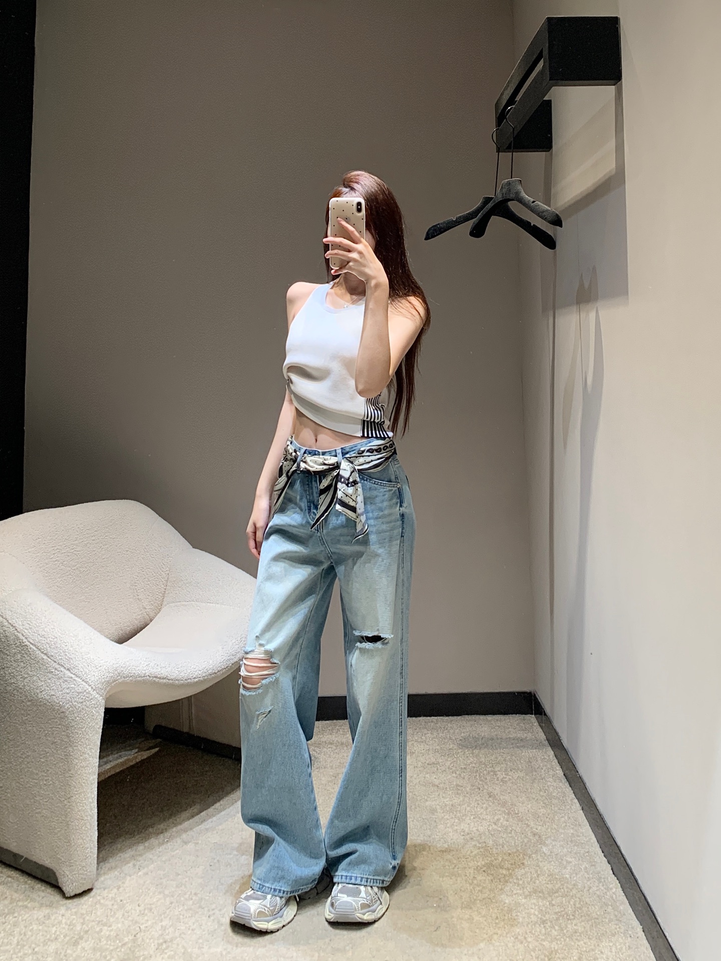 Hermes Denim Jeans with Silk Scarf Detail - Ripped, High-Waisted, Wide Leg 10 i1742460555059 98 0 8