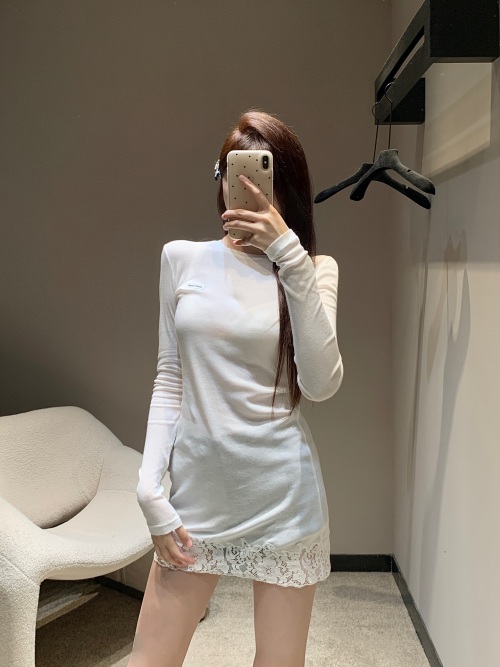 Miu Miu Lace Trim Long Sleeve T-Shirt, Soft Fabric, Logo Detail, S-L 1 Miu Miu Lace Trim Long Sleeve T-Shirt, Soft Fabric, Logo Detail, S-L