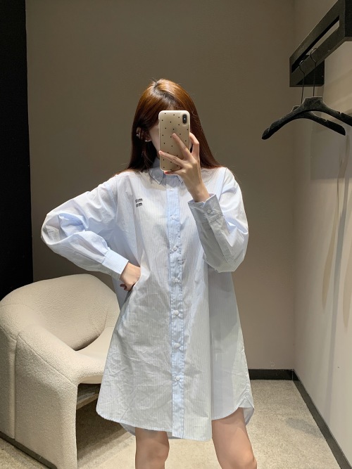 Miu Miu Striped Boyfriend Shirt Dress with Embroidered Logo 1 Miu Miu Striped Boyfriend Shirt Dress with Embroidered Logo