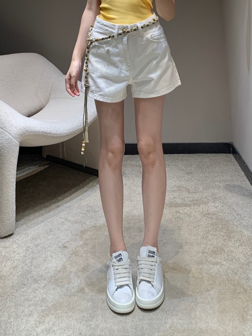 Chanel White Denim Shorts with Braided Belt, Summer Style - S/M/L 1 Chanel White Denim Shorts with Braided Belt, Summer Style - S/M/L