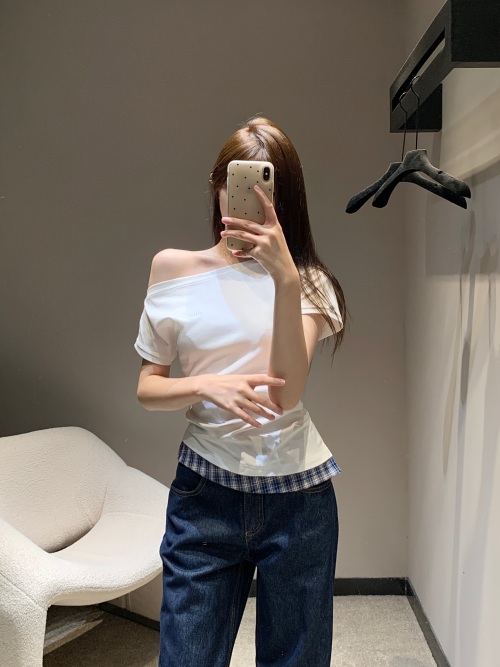 Miu Miu White Asymmetric Neckline Embroidered Plaid T-Shirt 1 Miu Miu White Asymmetric Neckline Embroidered Plaid T-Shirt
