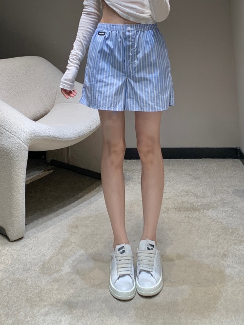 Miu Miu Striped Cotton Shorts with Logo Embroidery, Elastic Waist 1 Miu Miu Striped Cotton Shorts with Logo Embroidery, Elastic Waist