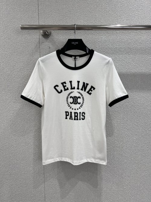 Celine Women's White Cotton T-Shirt with Black Trim and Logo Print 1 Celine Women's White Cotton T-Shirt with Black Trim and Logo Print