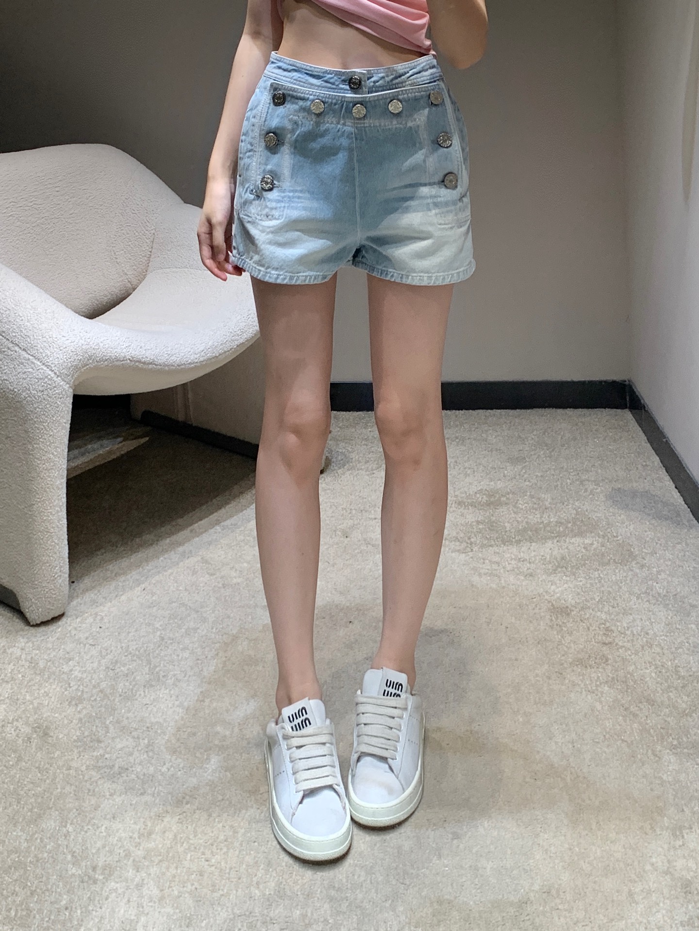 Chanel Coco Beach Denim Shorts with Multi-Button High-Waist Design