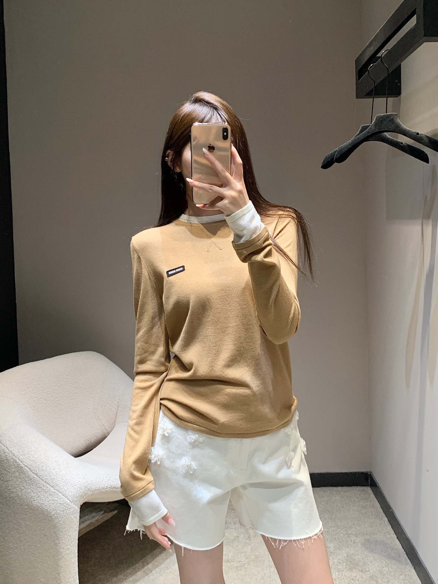 Miu Miu Layered-Look Wool Long Sleeve Top with Logo Detail