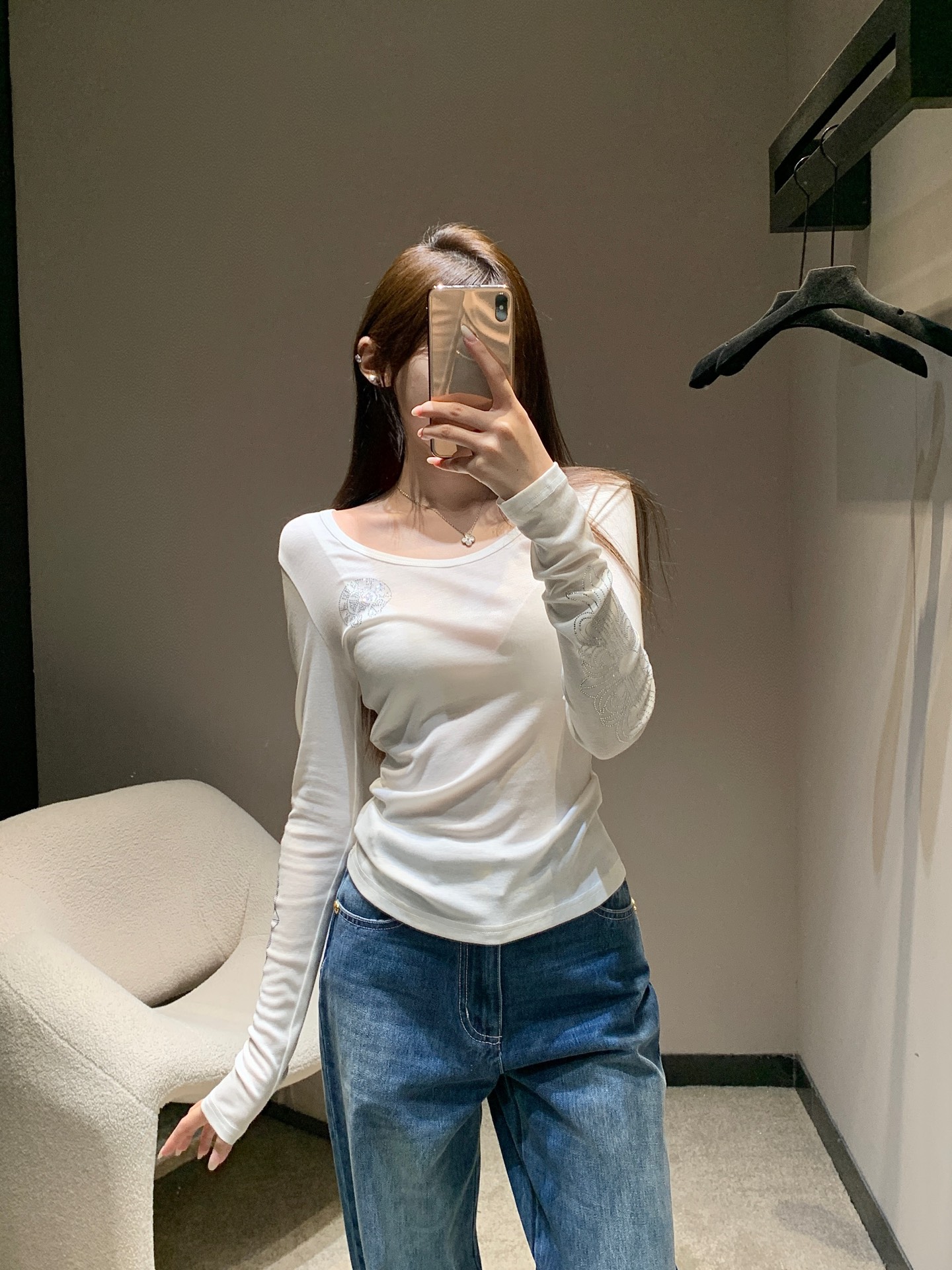 Elegant Long Sleeve T-Shirt with Rhinestone Detail - Chic and Comfortable