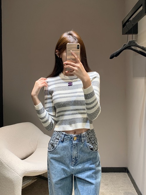 Chanel Striped Knit Top - Stylish & Comfortable Cropped Sweater 1 Chanel Striped Knit Top - Stylish & Comfortable Cropped Sweater